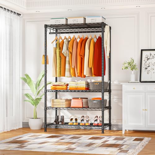 H4 Portable Closets, 4-Tier Metal Clothes Garment Rack for Bedroom and Cloakroom, Clothing Closet Storage and Organizer Wardrobe, 35.4" W x 14" D x 76.4" H, Black | Black Freestanding Clothing Closet Storage and Organizer Wardrobe for Apartment and Cloakr
