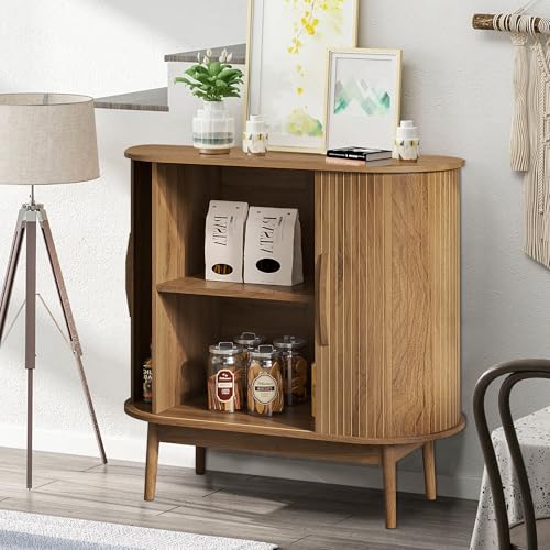 Small Sideboard Buffet Cabinet with Storage & Sliding Doors, 31" (Walnut) | Adjustable Shelf, Coffee Bar Cabinet, Modern Buffet Table, for Kitchen, Dining Room, Living Room, Oval, Wooden Legs - color: Walnut