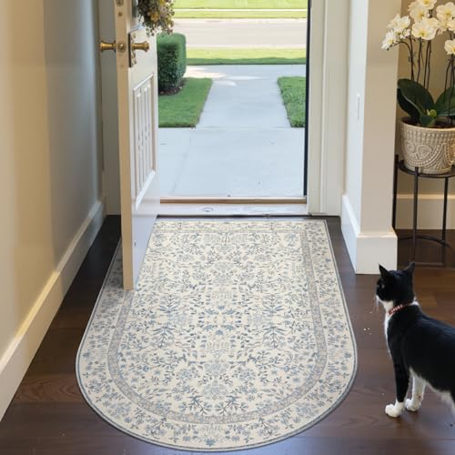 jinchan 3x5 Washable Entryway Area Rug, Vintage Blue Floral Non-Slip | Botanical Low-Profile, Chair Mat and Doormat, Under Desk Throw Dirt-Trapping Carpet for Home Office Study Room Kitchen - color: Blue/Cream, size: 3' x 4'6" (U-Shape)