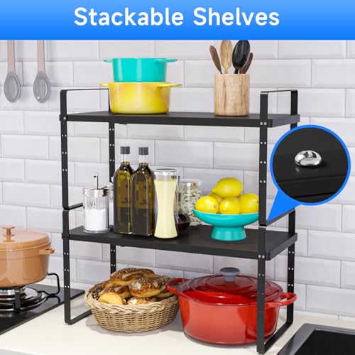 Expandable Cabinet Shelf Organizer, Stackable Kitchen Pantry Counter Storage, Adjustable Closet Cupboard Stand Rack Risers Spice Organization 80LBS Heavy Duty Black Large 2 Pack - color: Black Large