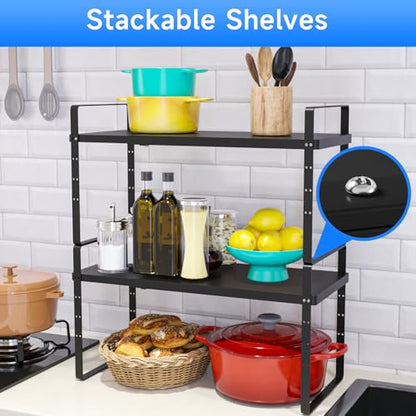 Expandable Cabinet Shelf Organizer, Stackable Kitchen Pantry Counter Storage, Adjustable Closet Cupboard Stand Rack Risers Spice Organization 80LBS Heavy Duty Black Large 2 Pack - color: Black Large