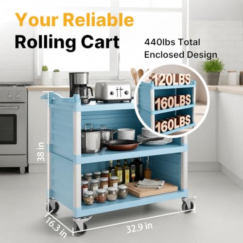 NorthSky Select Dual-Handle Utility Service Cart, 3 Shelves, 440 lb. Capacity -Black Plastic Shelve, Lockable Swivel Casters - Suitable for Hospital, Lab, Hotel (29.5 in & Blue Plastic Shelves) - size: 29.5 IN & Blue Plastic Shelves
