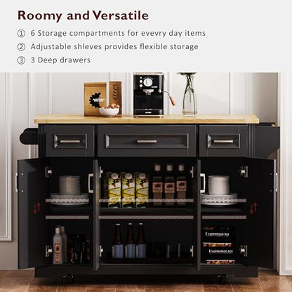 54inch Large Kitchen Island With Rubber Wood Drop Leaf,Embossed Texture Rolling Kitchen Cart On 4 Wheels With 4 Doors And 3 Drawers,Kitchen Island With Storage For Kitchen,Dining Room (Black-0t) - color: Black-0t)