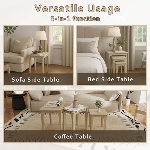Kmax Nesting Tables Set of 3, Small Sofa Side Table Rustic Stacking End Table Rectangle Solid Wood Coffee Tables for Small Space - Ashes White - color: Ashes White