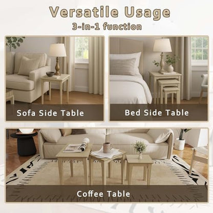Kmax Nesting Tables Set of 3, Small Sofa Side Table Rustic Stacking End Table Rectangle Solid Wood Coffee Tables for Small Space - Ashes White - color: Ashes White