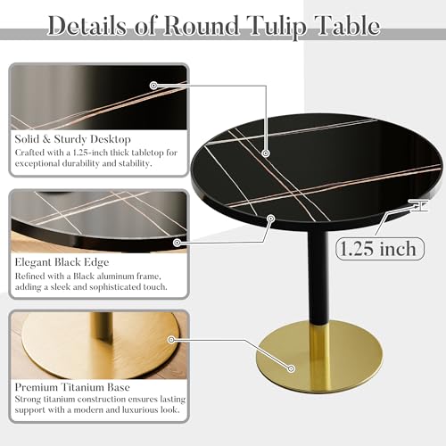 31.5'' Tulip Table, Round Dining Table with Sintered Stone Tabletop | Black Aluminum Alloy Edge & Gold Pedestal, Bistro Table for Dining Room/Café/Small Spaces/Restaurant (Black Gold Vein) - color: Black Gold Vein (Black Edge), size: Round