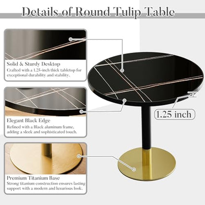 31.5'' Tulip Table, Round Dining Table with Sintered Stone Tabletop | Black Aluminum Alloy Edge & Gold Pedestal, Bistro Table for Dining Room/Café/Small Spaces/Restaurant (Black Gold Vein) - color: Black Gold Vein (Black Edge), size: Round