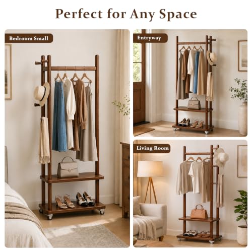 Coat Rack Freestanding Wood Garment Rack 2 Shelves 5 Hooks | Bedroom hallway entryway living room hotel, durable wood construction, mobile wheel design, coats clothes bags storage - size: Walnut-S :18.9''L×13''W×71''H (With Wheels）