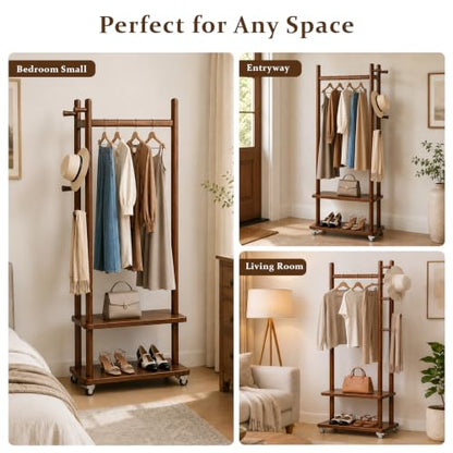 Coat Rack Freestanding Wood Garment Rack 2 Shelves 5 Hooks | Bedroom hallway entryway living room hotel, durable wood construction, mobile wheel design, coats clothes bags storage - size: Walnut-S :18.9''L×13''W×71''H (With Wheels）