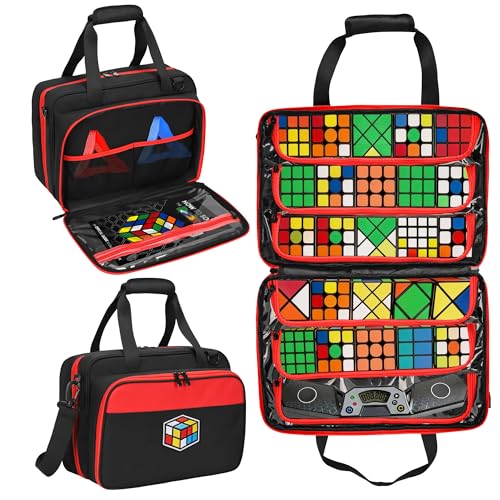 Speed Cube Case Holds 30+ Cubes and Timer with Shoulder Strap | Puzzle Cube Storage Bag with 6 Clear PVC Pockets, Front Organizer, D-Ring, Handles and Detachable Shoulder Strap, Black