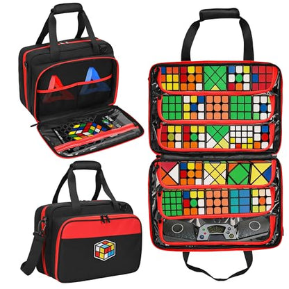 Speed Cube Case Holds 30+ Cubes and Timer with Shoulder Strap | Puzzle Cube Storage Bag with 6 Clear PVC Pockets, Front Organizer, D-Ring, Handles and Detachable Shoulder Strap, Black