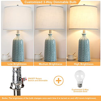 JUNNAI Green Ceramic Table Lamp 24.5": 3-Way Dimmable Nightstand Lamp with White Drum Lamp Shade | Modern Bedside Lamp for Bedrooms & Living Room (Bulb Included) - color: Blue Green