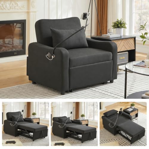 Majnesvon Convertible Chair Bed 3 in 1, Sofa Bed Chair (Black-1) | with Adjustable Backrest & Charging Station, Small Space One Person Couch for Apartment, Office, Living Room, Bedroom - color: Black-1