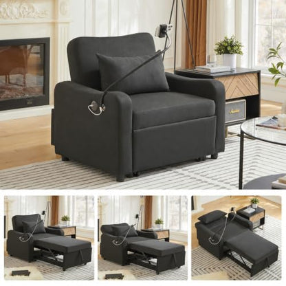 Majnesvon Convertible Chair Bed 3 in 1, Sofa Bed Chair (Black-1) | with Adjustable Backrest & Charging Station, Small Space One Person Couch for Apartment, Office, Living Room, Bedroom - color: Black-1