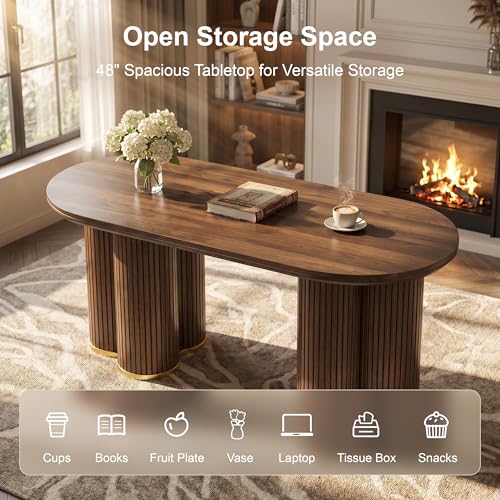 Oval Fluted Coffee Tables for Living Room, 47" Wood Coffee Table,Walnut - color: Walnut