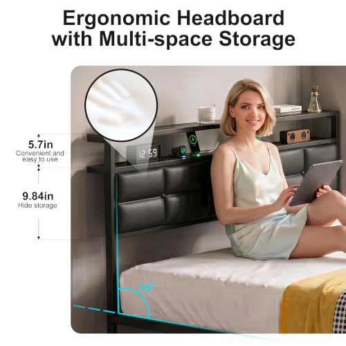 Full Bed Frame with 2 Storage Drawers, LED Lights & Charging Station, Upholstered Headboard with Shelves, Heavy Duty Metal Platform, No Box Spring Needed, Noise Free, Easy Assembly - size: Full