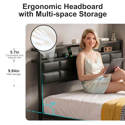 Full Bed Frame with 2 Storage Drawers, LED Lights & Charging Station, Upholstered Headboard with Shelves, Heavy Duty Metal Platform, No Box Spring Needed, Noise Free, Easy Assembly - size: Full