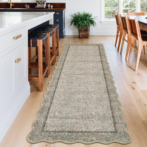 GarveeHome Scalloped Washable Runner Rug 2x6 Non Slip Kitchen Rugs, Brown | Modern Brown Entryway Rug Farmhouse Soft Bathroom Rugs Stain Resistant Carpet for Hallway Laundry Bedroom 2 ft x6 ft - color: Brown, size: 2' x 6' (Runner)