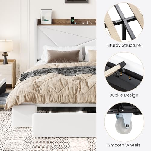 SHA CERLIN Queen Bed Frame, Storage Headboard with Drawers, Charging, White | Velvet Upholstered Bed, Modern Wingback Headboard, 3 Drawers, USB Charging Station, No Box Spring Needed, Easy Assembly - color: White, size: Queen