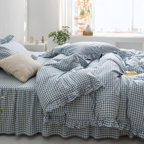 MKXI Blue and White Gingham Duvet Cover Twin Size, 3-Piece Bedding Set with Ruffles - 100% Soft Washed Cotton, Crisp Breathable - Nautical Coastal Classic Style Comforter Cover - color: 002 Ruffle- Blue Gingham, size: Twin