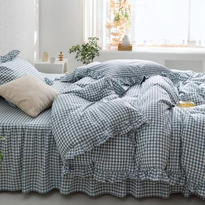 MKXI Blue and White Gingham Duvet Cover Twin Size, 3-Piece Bedding Set with Ruffles - 100% Soft Washed Cotton, Crisp Breathable - Nautical Coastal Classic Style Comforter Cover - color: 002 Ruffle- Blue Gingham, size: Twin