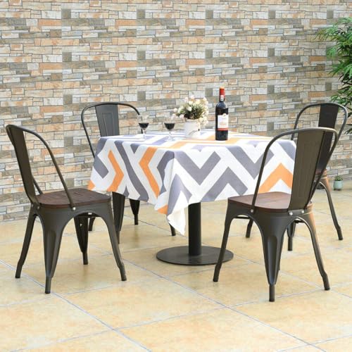 COSTWAY Stackable Metal Dining Chairs Set of 4 with Wood Seat and High Back | Gun Color, Industrial Vintage Dining Chair, Elm Wood Seat Board, 18 Inch, for Dining Room Kitchen Bar Cafe Bistro Restaurant - color: Gun Color