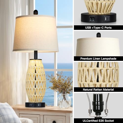 CINSARY 27“ Beige Boho Rattan Table Lamps with Night Light, Natural Bedroom Lamps Set of 2 with USB A+C Charging Ports, Rustic Farmhouse Woven Wicker Bedside Nightstand Lamp for Living Room End Tab - color: Beige and Black