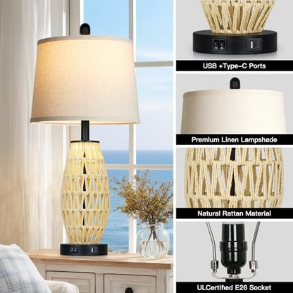 CINSARY 27“ Beige Boho Rattan Table Lamps with Night Light, Natural Bedroom Lamps Set of 2 with USB A+C Charging Ports, Rustic Farmhouse Woven Wicker Bedside Nightstand Lamp for Living Room End Tab - color: Beige and Black