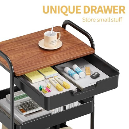 TOOLF 3-Tier Utility Rolling Cart with Wooden Board and Drawer, Metal Storage Cart with Handle, Black Trolley Kitchen Organizer Rolling Desk with Locking Wheels for Office, Classroom, Home, Bedroom - color: Black