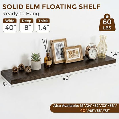 Dreamland 40 Inch Long Floating Shelves Set of 2, Rustic Solid Elm Wood Floating Shelf Wall Mounted, 8 Inch Deep Wooden Wall Shelves for Living Room, Bedroom, Bathroom, Kitchen, Walnut - color: Walnut, size: Flat Edge - 40"L