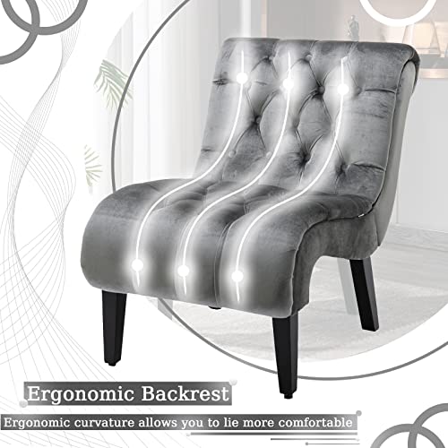 Comfy Velvet Accent Chair, Tufted Armless Side Chair with Rolled Edge | Modern Small Lounger for Living Room, Upholstered Reading Chaise Lounge with Solid Rubber Wood Legs, Silver - color: Silver, size: Set of 1
