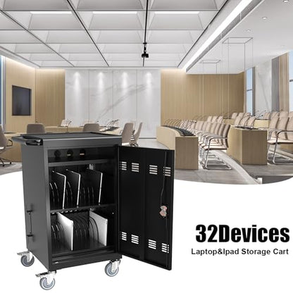 30-Device Mobile Charging Cart Station for Tablets & Laptops ,Secure Storage & Fast Charging,Heavy-Duty Steel Construction with Locking Wheels & Cable Management,Ideal for Schools & Offices，black - color: Matt Black