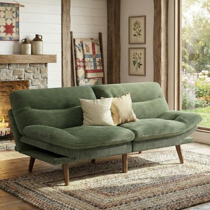 Marsail 66" Futon Sofa Bed, Futon Couch with Adjustable Backrest & Armrests, Convertible Sleeper Sofa Bed for Apartment, Living Room, Office, Corduroy Loveseat, Green