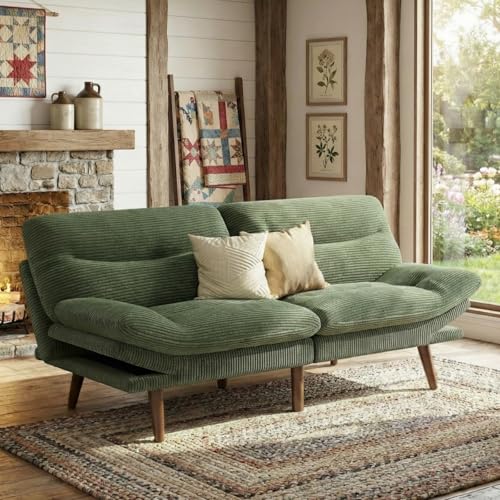 Marsail 66" Futon Sofa Bed, Futon Couch with Adjustable Backrest & Armrests, Convertible Sleeper Sofa Bed for Apartment, Living Room, Office, Corduroy Loveseat, Green