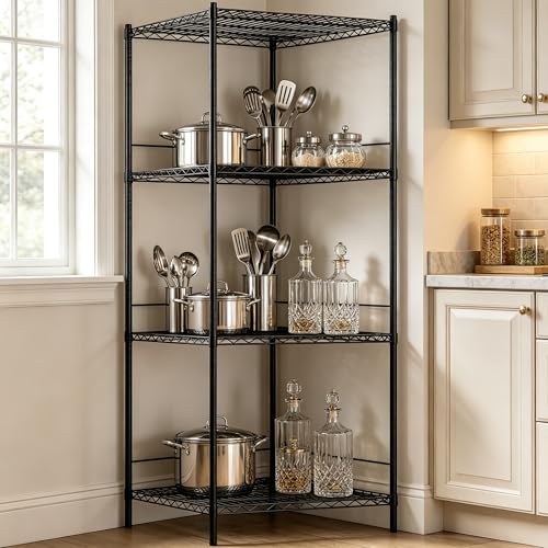 Wire Storage Standing Shelf Rack Tower, Corner Metal Shelving Unit with Adjustable Shelves, Space-Saving Organizer for Garage, Kitchen, Bathroom, 23.5 * 23.5 Inch - size: 4 Tier 23.5 Inch Width