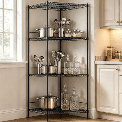 Wire Storage Standing Shelf Rack Tower, Corner Metal Shelving Unit with Adjustable Shelves, Space-Saving Organizer for Garage, Kitchen, Bathroom, 23.5 * 23.5 Inch - size: 4 Tier 23.5 Inch Width
