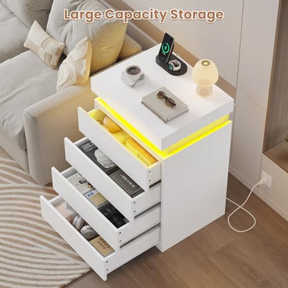 ADORNEVE White Night Stand Set of 2 with Sliding Top | Nightstand with Charging Station & LED Light,Bedside Table with Drawers,Modern Bed Side Tables Bedroom - color: White, size: 2PC