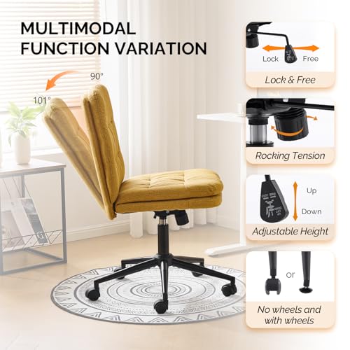VINGLI Mid Back Armless Office Desk Chair with Wheels/no Wheels,360°Rocking Swivel Vanity Chair with Thickened Cushion,Adjustable Height Rolling for Reading Room, Make up, Linen Ginger Yellow - color: Ginger Yellow
