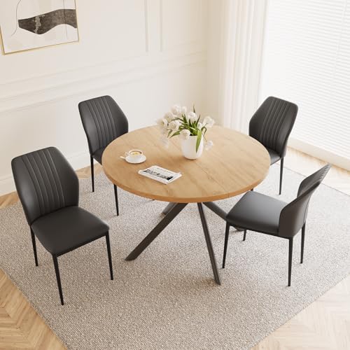 HIPIHOM 45.3 Inch Round Dining Table Set for 4, Mid Century Modern Small Kitchen Coffee Set for Dining Room Kitchen Apartment (Oak Table + 4 Black Chairs) - color: Oak Table+4 Black Chairs