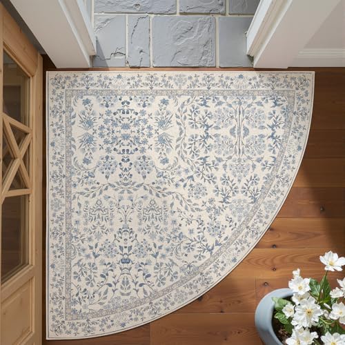 jinchan 4x4 Washable Corner Area Rug, Soft Floral Non-Slip, Blue/Cream | Low-Pile, Aesthetic Carpet for Entryway Bedroom Kids Room Kitchen College Dorm - color: Blue/Cream, size: 4' x 4' (Corner)