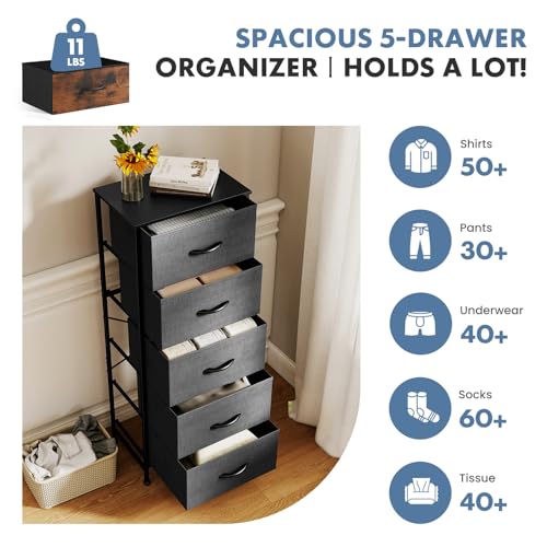 DUMOS Nightstand with 5 Drawers, Bedside Table with Removable Fabric Bins, Sturdy Steel Frame Wood Skinny Dresser Furniture for Bedroom Closet Living Room, Grey - color: Grey, size: 15.7"D x 11.8"W x 47.7"H (5 Drawers)