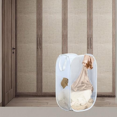 2Pcs Pop Up Hampers for Cruise, Folding Laundry Basket Space Saving Design, Dirty Clothes Hamper for Bedroom, Hotel, RV, Travel (White+Beige) - color: White+Beige