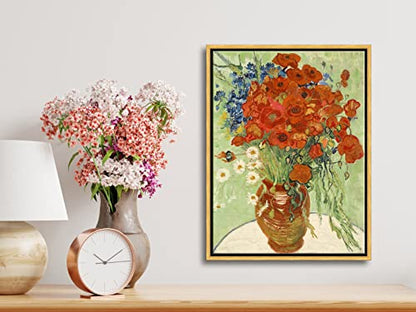 Wieco Art Framed Wall Art of Red Poppies and Daisies by Vincent Van Gogh Paintings Reproduction Abstract Canvas Prints for Home Living Room Decorations Bronze Gold Frame - size: 16"L x 12"W