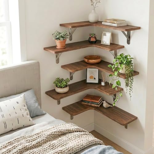 Fixwal Conner Floating Shelves for Wall Decor, Dark Carbonized Black 5pcs | Solid wood shelf with metal brackets, holds 40 lbs. Optimizes corner storage. Fits bathroom, kitchen, bedroom & living room. - color: 2-dark Carbonized Black