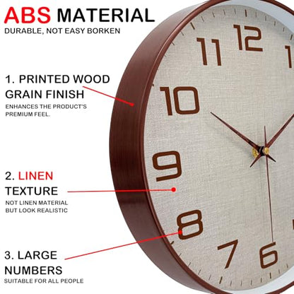 Woodgrain Wall Clock, Silent Non-Ticking Wall Clocks Battery Operated 8 Inch, Linen Texture Large Easy-to-Read Numbers Modern Analog Clock for Bedroom Living Room Kitchen Office Gym, Brown - color: Mocha Brown White, size: 8 Inch