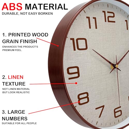 Woodgrain Wall Clock, Silent Non-Ticking Battery Operated Clock 10 Inch, Large Easy-to-Read Number Linen Texture Face Modern Analog Clocks for Living Room Bedroom Kitchen Office Gym, Brown - color: Mocha Brown White, size: 10 Inch