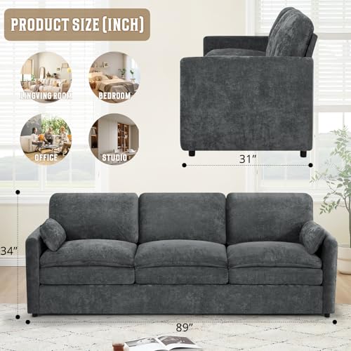 89" Chenille Soft Sofa w/Well-Filled Backrests, Grey | Modern Couch w/Plump Pillows, 3 Seater Upholstered Couch w/Thick & Comfy Cushions for Living Room, Bedroom - color: Grey, size: Sofa