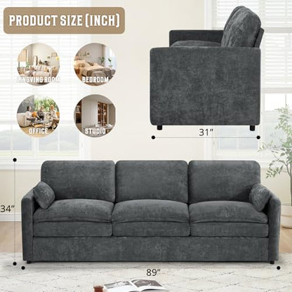 89" Chenille Soft Sofa w/Well-Filled Backrests, Grey | Modern Couch w/Plump Pillows, 3 Seater Upholstered Couch w/Thick & Comfy Cushions for Living Room, Bedroom - color: Grey, size: Sofa