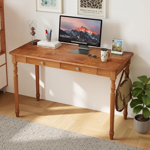 Vintage Solid Wood Writing Desk - 48" W Large Secretary Desk with 2 Drawers, Mid Century Modern Computer Desks with 2 Hooks, Writing Vanity Dressing Table for Home Office, Bedroom, Walnut - color: Walnut-a, size: 47.2x21.7x29.5 Inch