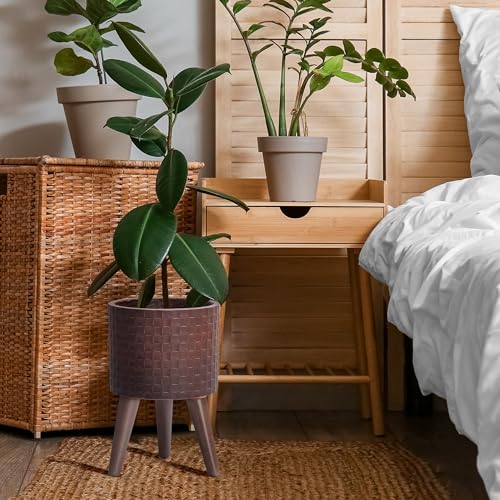 D'vine Dev Planter Pot with Wood Stand, 8 in, Espresso, 88-Z-A-6 | Mid-Century Modern Style, Elevated Plant Display, Drainage Hole and Plug, Functional & Stylish, Modern Indoor Planter - color: Espresso, size: Small